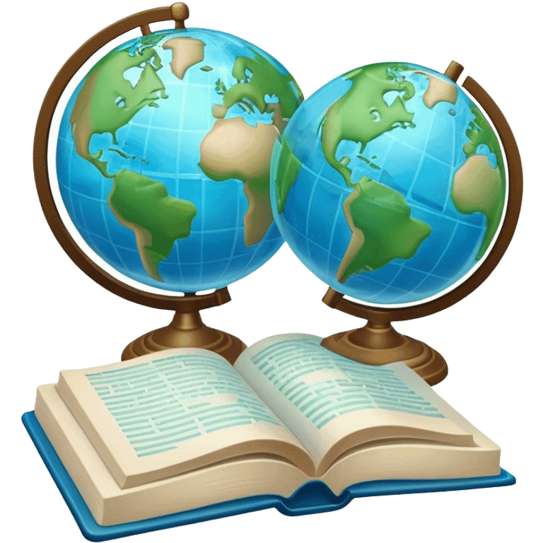 Create an emoji representing language translation. The design should feature just one globe in the background, symbolizing international communication. In front of the globe, place two opened books with texts on them and a pen nearby to indicate the act of writing. Use a clean and professional color palette with blues, greens, and neutral tones. Make the background transparent. emoji