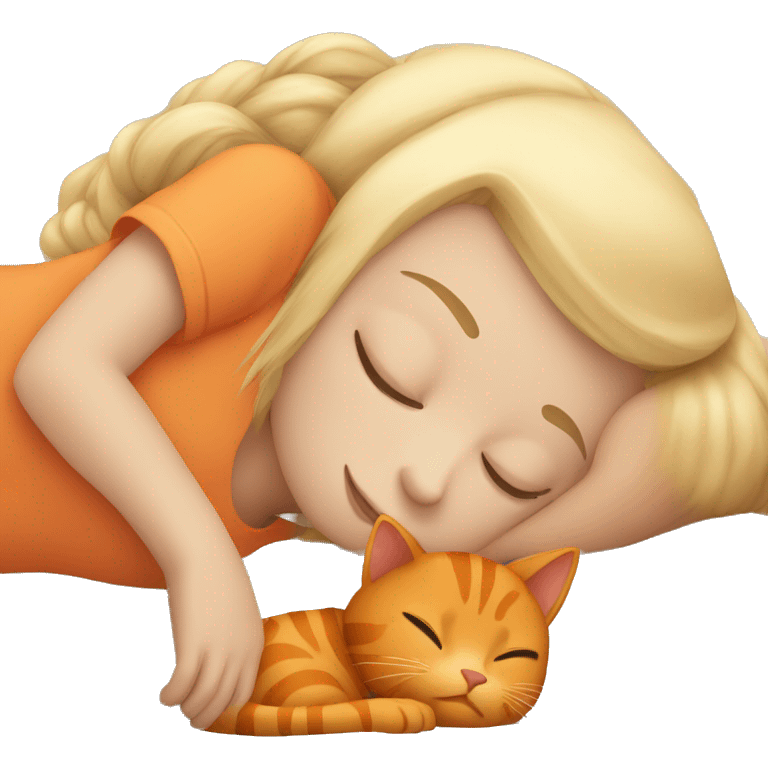 blonde girl sleeping Hugging with orange cat  emoji