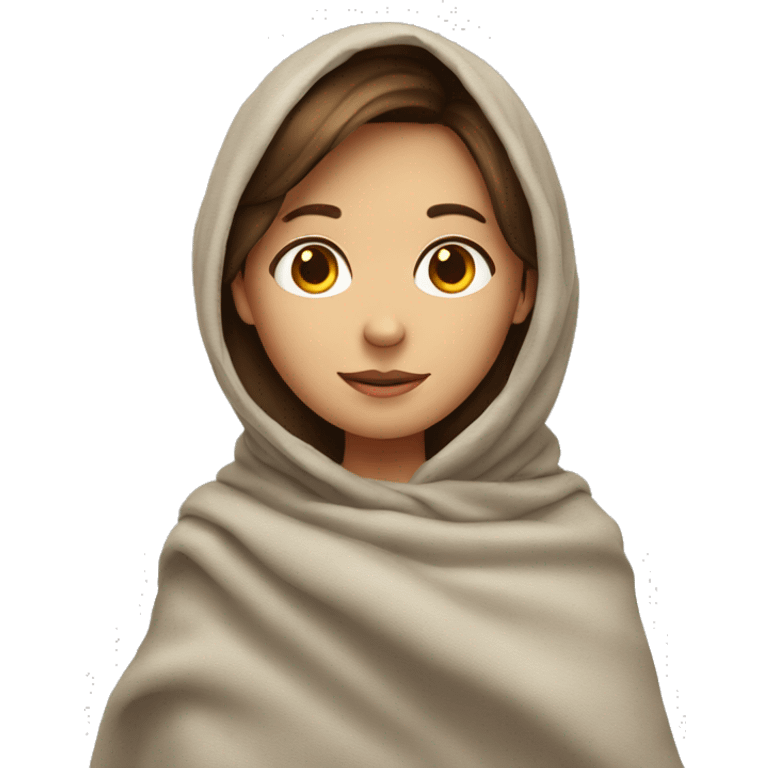 A girl with brown hair in a blanket with a heart emoji