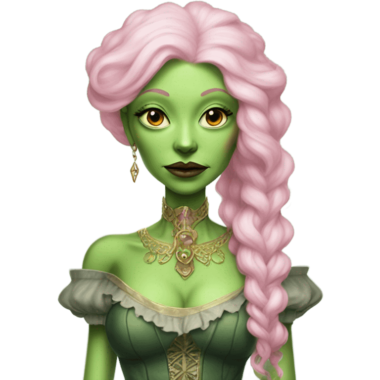 a green amazon alien woman in Victorian white gold pink hair full body  emoji