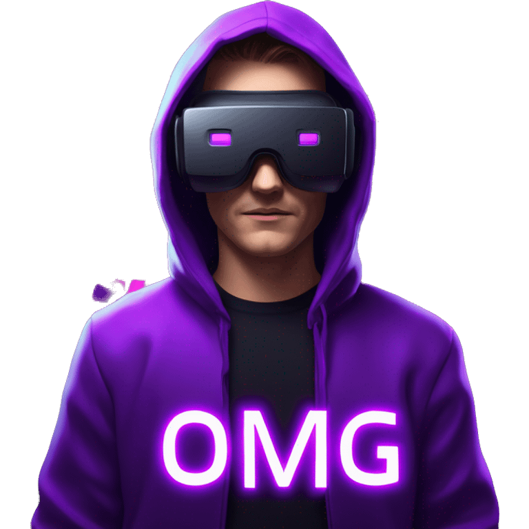 Russian man wearing a black hoodie with "OMG" letters on it and VR headset in a cyberpunk VR environment with violet neon lighting. emoji