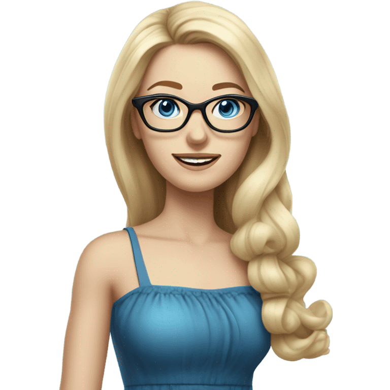 Pretty Caucasian blonde woman with glasses in a dress, hyper realistic with blue eyes  emoji