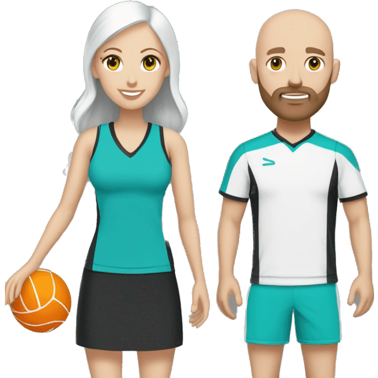 White couple in pickleball black and white clothes. Male bald= beard, white, bald, aqua eyes. Female = long light brown hair, aqua eyes.  emoji