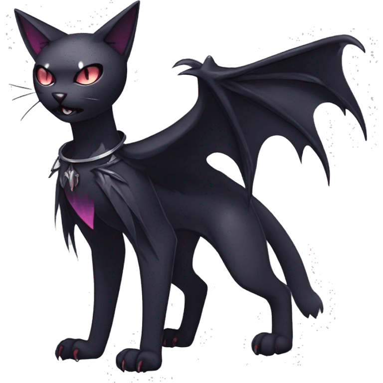   cool edgy beautiful anime-style ethereal dark-punk-themed animal vampiric cat-hybrid Fakemon with fangs and bat-wing-ears with a collar full body emoji