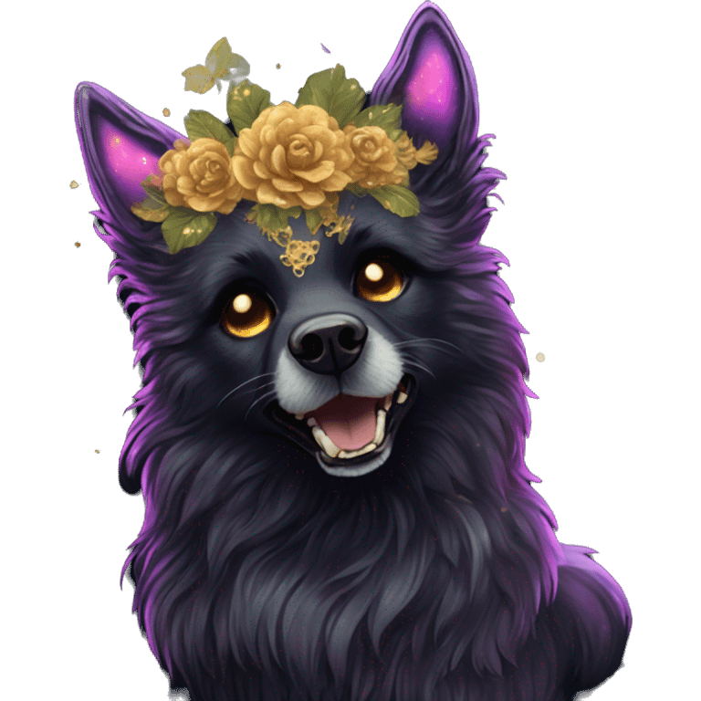 Black iridescent fluffy dog fox head zombie skeleton gold mechanical nebula galaxy stars flowers fairy lights vintage emoji