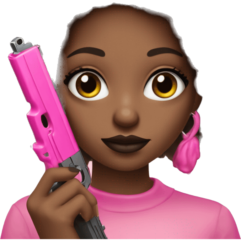 Afro hair brown girl hand pink nails holding pink gun black eyes emoji