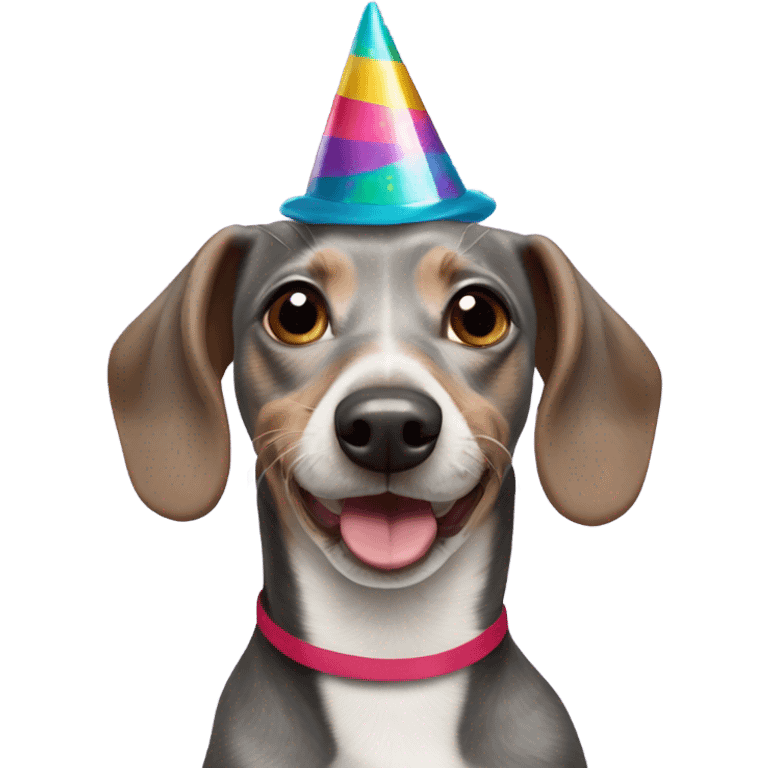 Grey Weiner dog with a party hat emoji