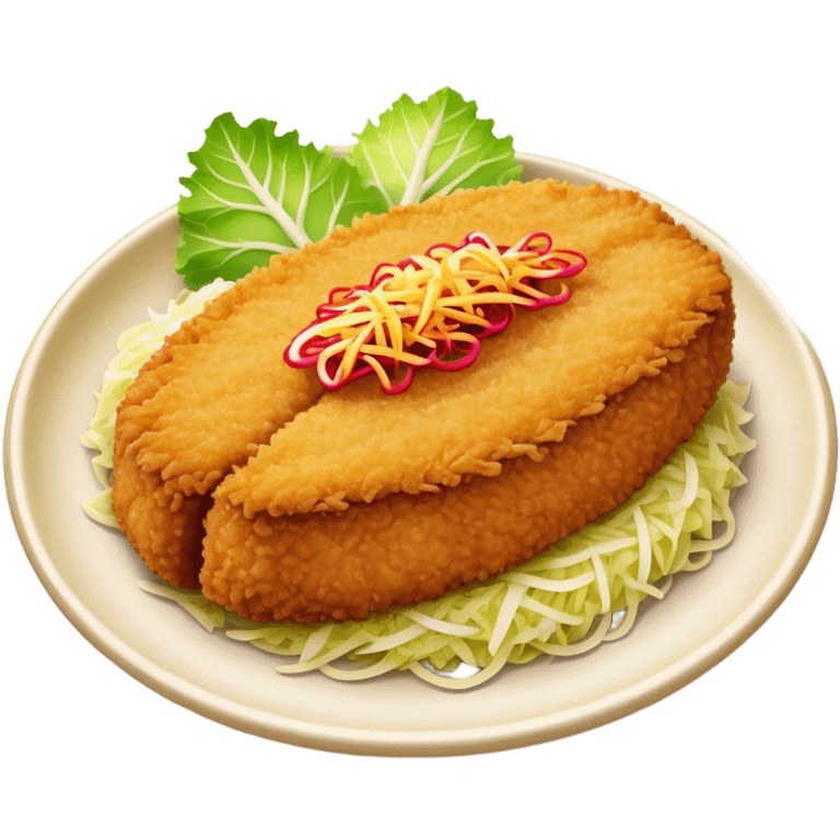 Cinematic Realistic Tonkatsu Dish Emoji, featuring a golden, breaded pork cutlet served with shredded cabbage rendered with rich textures and vibrant, dynamic lighting. emoji