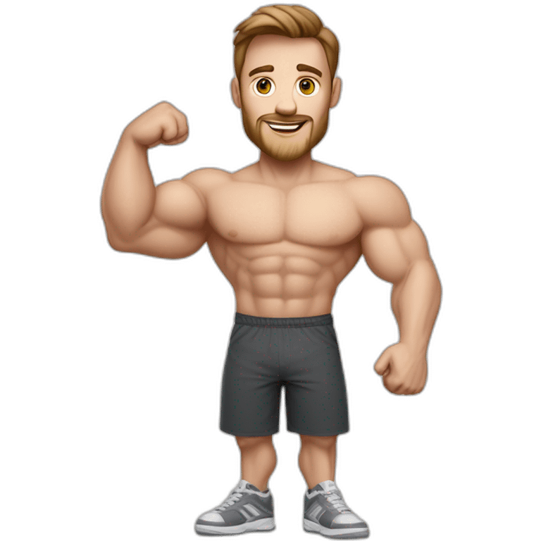 Full height realistic Actively gesturing with hands Pale skinned Fit Man With the biceps and brown hair in dark gray Sleeveless Mike, black oversize sports shorts, watch and white Sneakers emoji