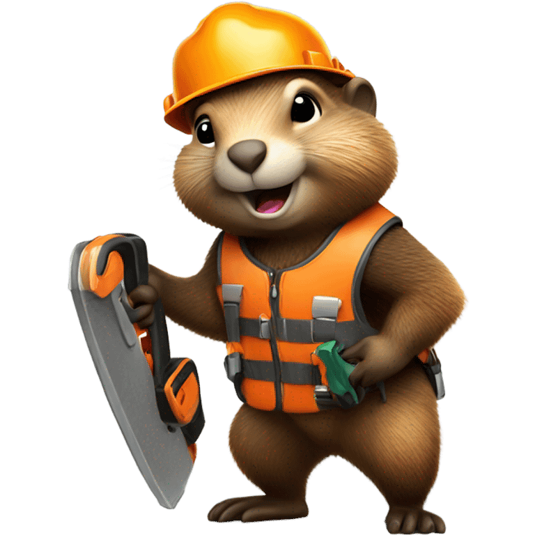 Woodchuck in climbing gear and hard hat holding a chainsaw  emoji