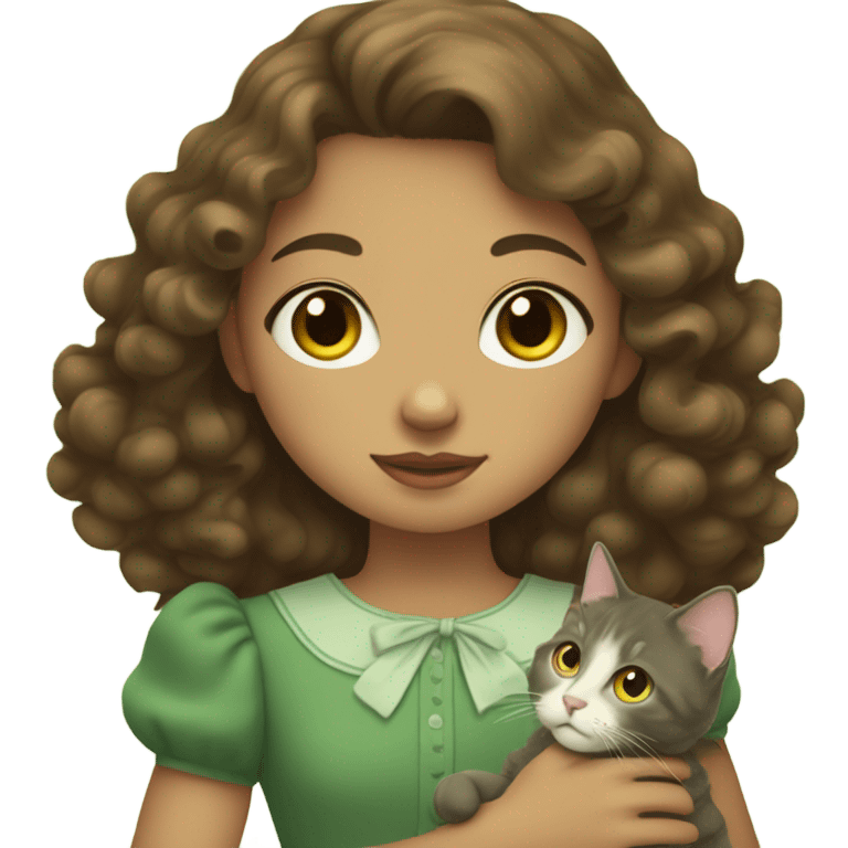 Soft girl wearing green vintage dress with curly brown hair and has a cat emoji