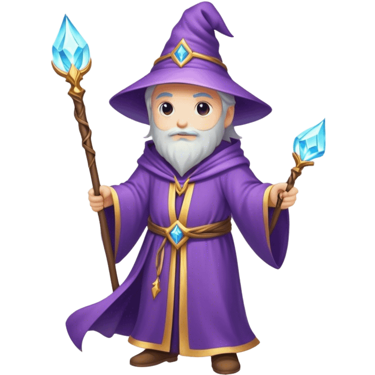 Clash of Clans aesthetic: Cinematic heroic powerful Wizard Hero Emoji, rendered in a 3D vector-style similar to standard emojis with minimal shading and bold, simplified shapes. A compact, isometric figure draped in flowing enchanted robes and wielding a mystical staff, softly glowing with an arcane magical charm. Simplified yet unmistakably iconic, highly detailed and consistent, glowing with a soft radiant glow and high shine. Stylized with a touch of whimsical sorcery and a soft glowing outline, capturing the essence of a powerful wizard ready to cast spells with a friendly, playful spirit! emoji