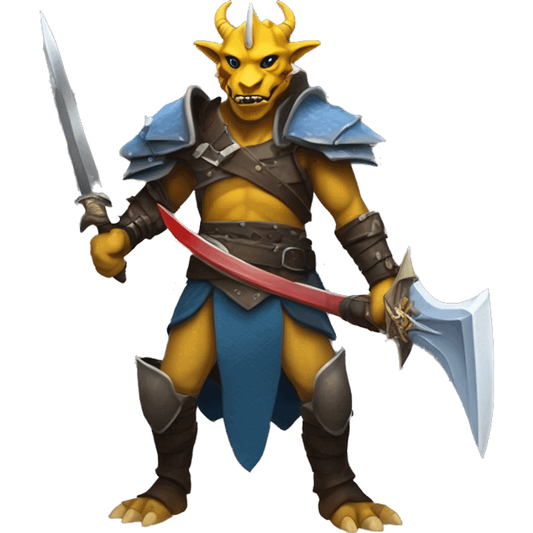     Tall Dragonborn fighter with twin swords  with red blades and yellow Handels and blue scales and black horns   emoji