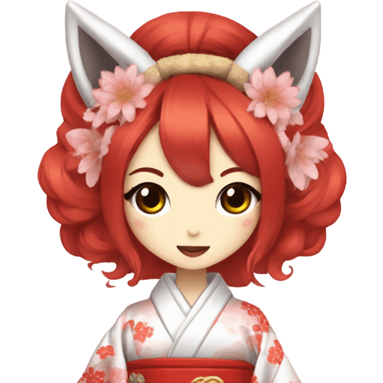 hime gyaru girl, kimono, red hair, kitsune mask emoji