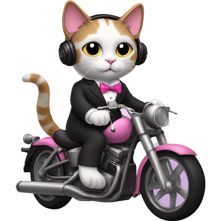 rag doll cat with pink bowtie, and a suit, and riding a motorcycle, while listening to music with headphones emoji