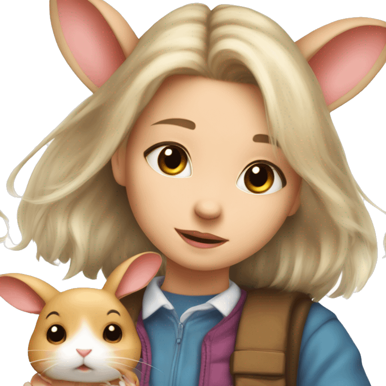 a cute girl with a rabbit and hamster with her and on hamster name is cutu emoji