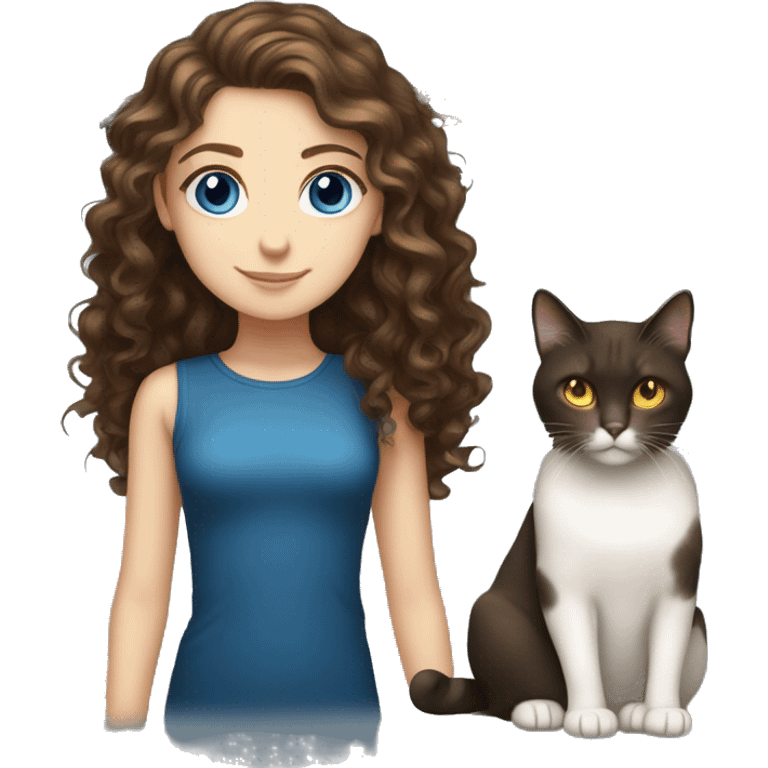 White Girl with long curly brown hair and blue eyes and dark brown cat with yellow eyes emoji