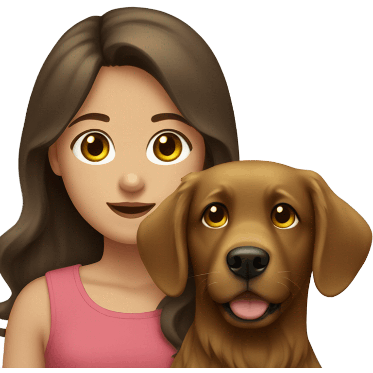 Girl with brown hair and green brown eyes next to a black golden retriever emoji