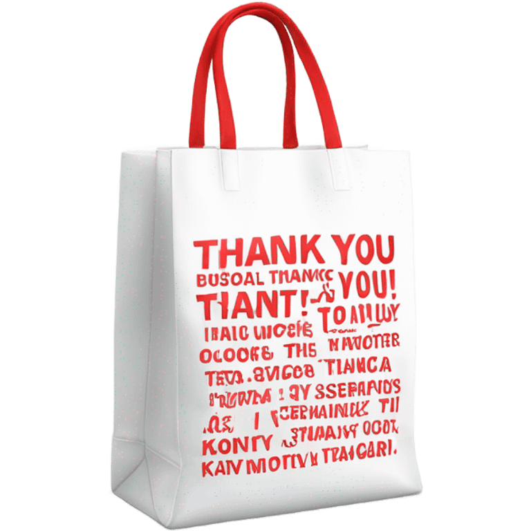 White bag with thank you in red on it repeated on it 3 times  emoji