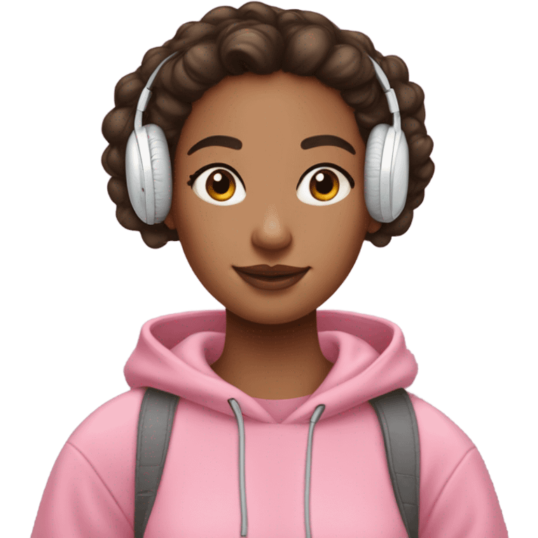 brunette girl with pink hoodie and curly messy bun with airpods max on emoji