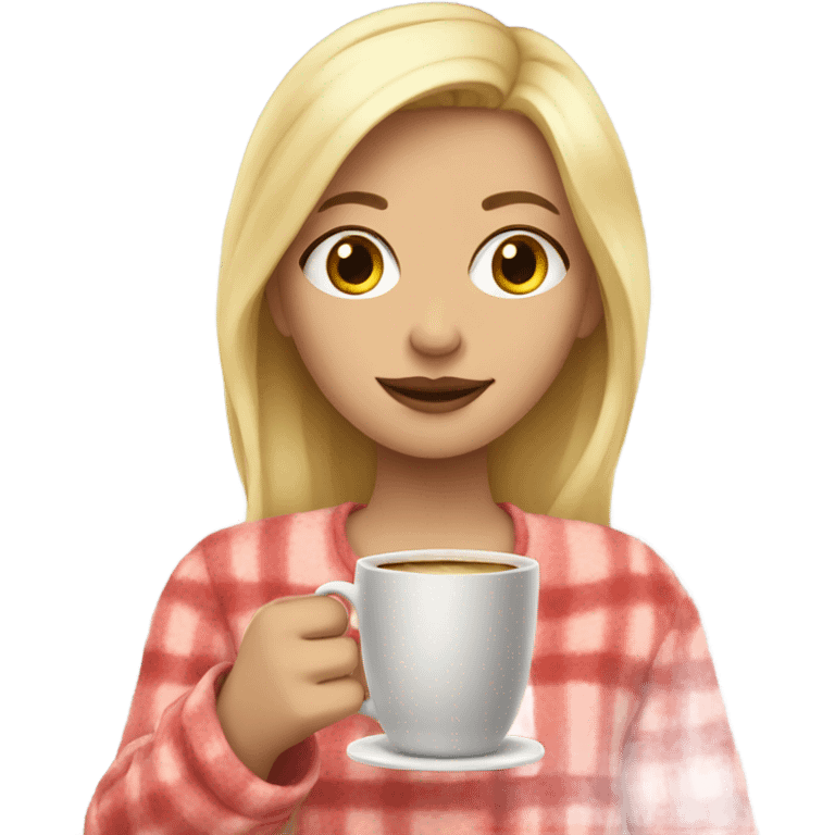 Blonde girl in pajamas and with coffee emoji