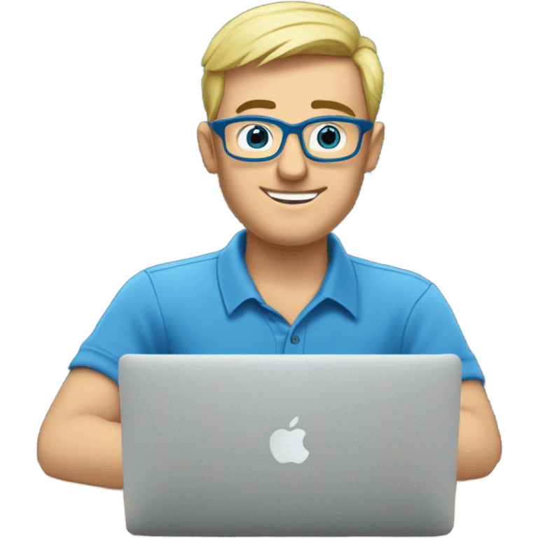 man looks 35 classes, european, tech nerd love , blue shirt blond short hair, blue eyes with specs behind macbook on with electronics pcb on the desk emoji