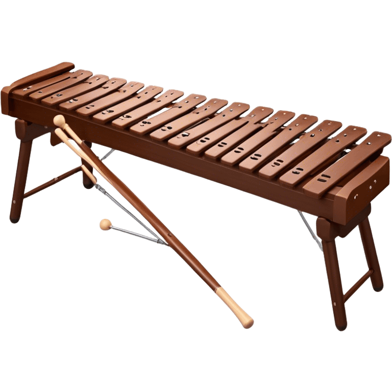 Create a detailed and professional emoji representing a Fleet FLT-SX37 orchestral long wooden xylophone. The design should showcase the large, wooden bars of the xylophone arranged in a traditional layout, with a polished, smooth finish. The bars should be dark brown or mahogany, with soft metallic reflections on the resonators underneath. Include two mallets with rubber or wooden heads resting on the bars, emphasizing their role in striking the notes. The xylophone should have a sophisticated and professional appearance, with clean lines and a polished look. Add subtle musical notes or sound waves to represent the vibrant sound produced by the instrument. The background should be transparent. emoji