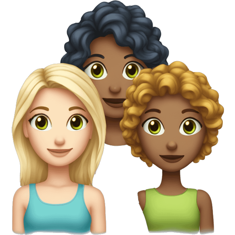 TRIO AVEC UNE FILLE AU cheveux mi-long blonde au yeux bleu + une fille avec les cheveux mi-long bouclé yeux brunc + une fille avec les cheveux legerement court ondulé avec les yeux vert  emoji