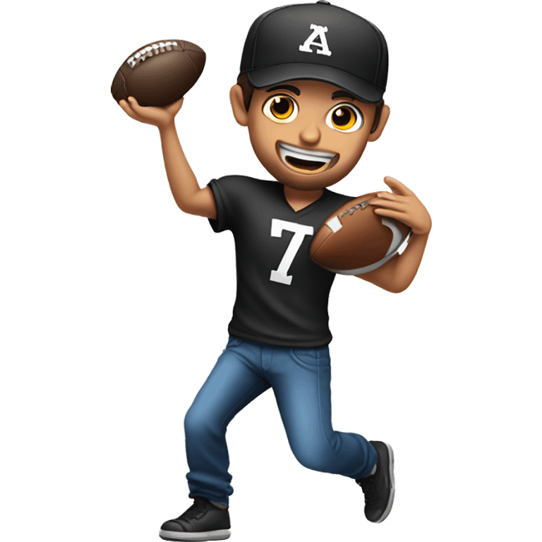 Young Jewish man throwing a football and he’s wearing a black trucker hat emoji