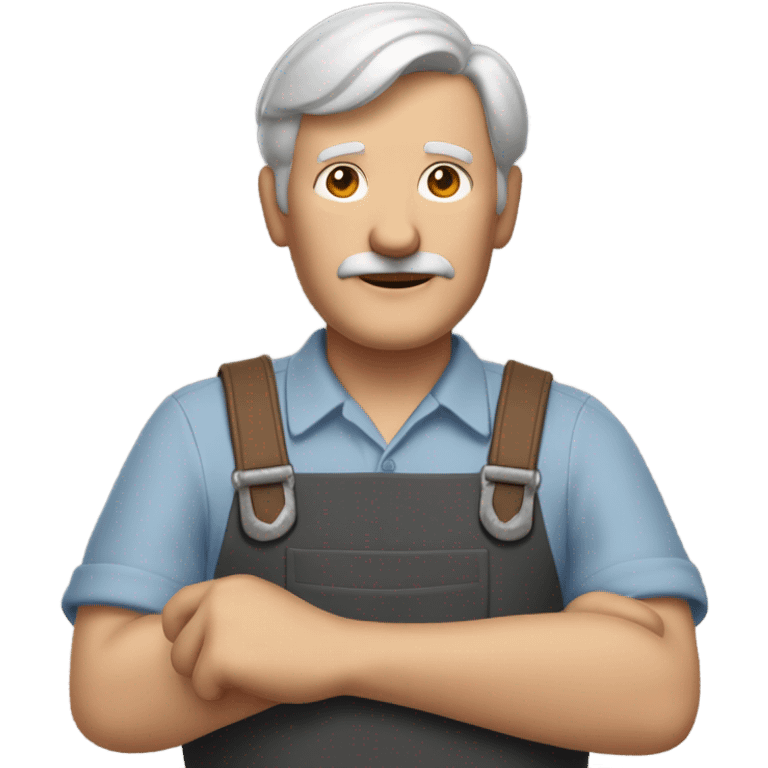 "A older man with rough hands, short light brown hair, and a friendly, naive expression. He wears a work apron over simple clothes and holds a hammer or wood in a rustic workshop." emoji