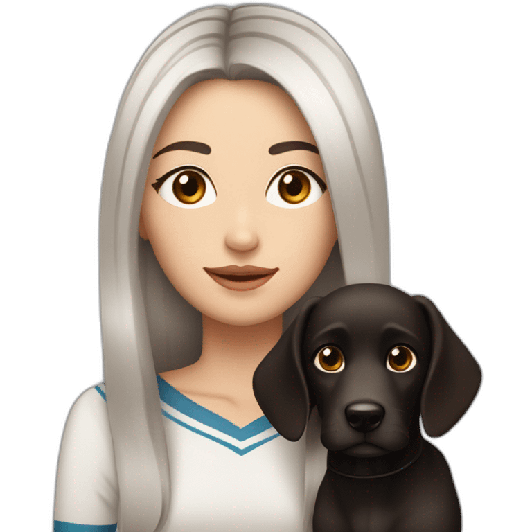 One white women with long dark brown hair and long eyelashes dark brown eyes and thick dark brown eyebrows with one black dog with a white stripe on the neck and ears raised up emoji