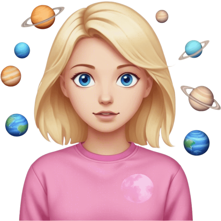 A blonde with blue eyes in a pink sweatshirt is standing, and the planets are spinning emoji