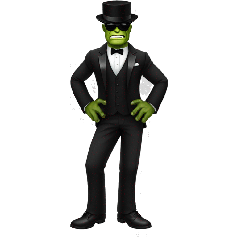 The hulk in a tuxedo black shoes black pants top hat and sunglasses emoji