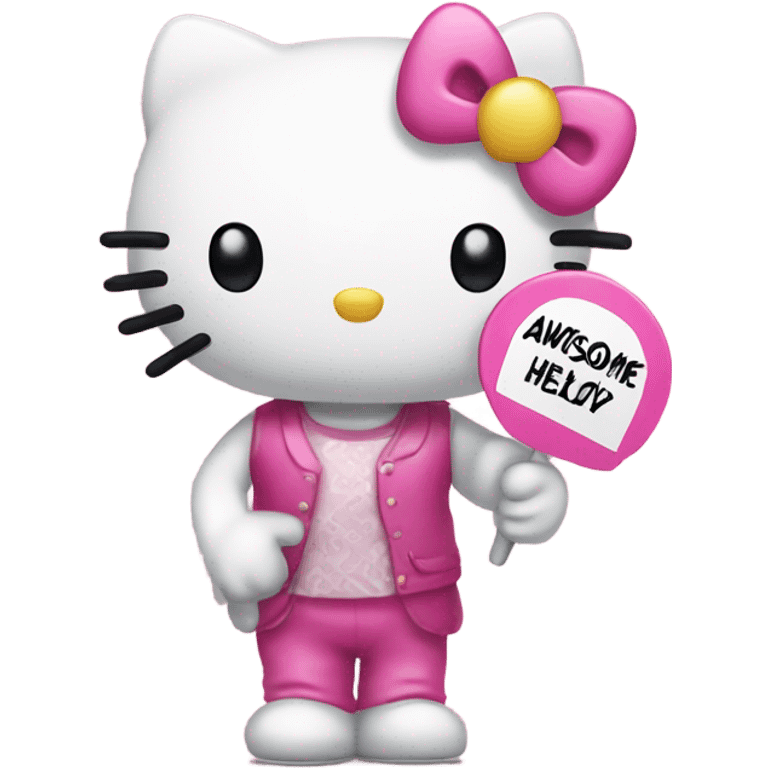 hello kitty holding a sign that says awesome emoji