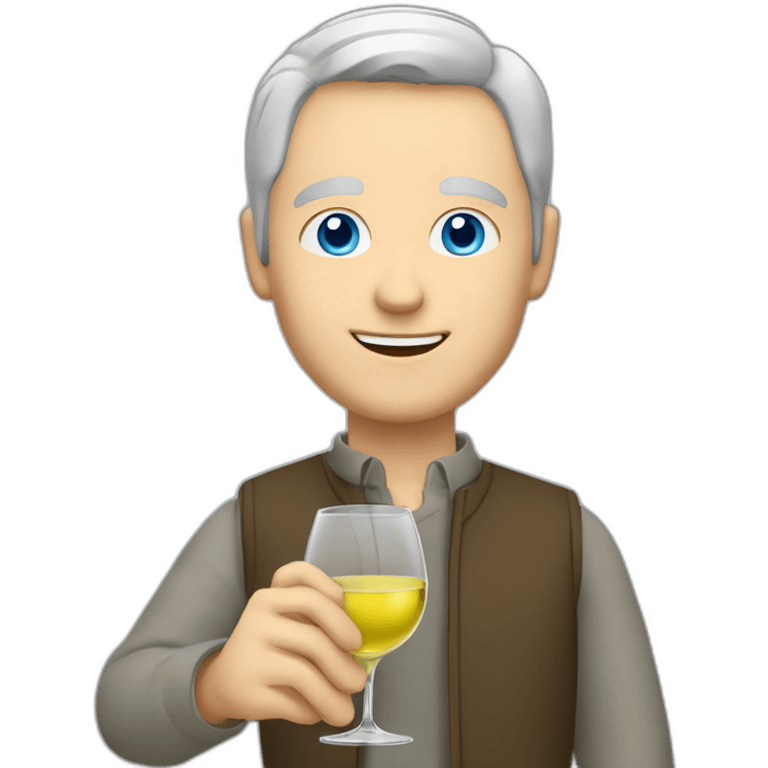 a caucasian man with blue eyes and short grey hair, toasting with a glass of white wine emoji