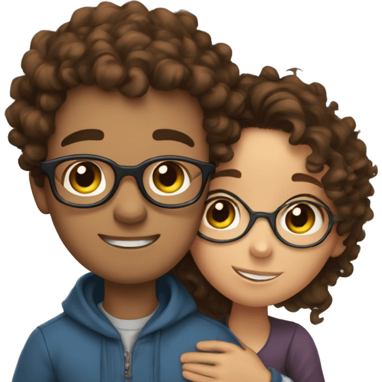 boy with brown hair and glasses hugs girl with curly brown hair and blu eyes  emoji