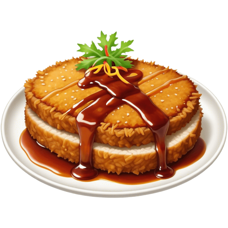 Tonkatsu Cinematic Realistic Tonkatsu Dish Emoji, depicted as a golden, crispy pork cutlet drizzled with tangy BBQ sauce, rendered with detailed textures and dynamic, appetizing lighting. emoji