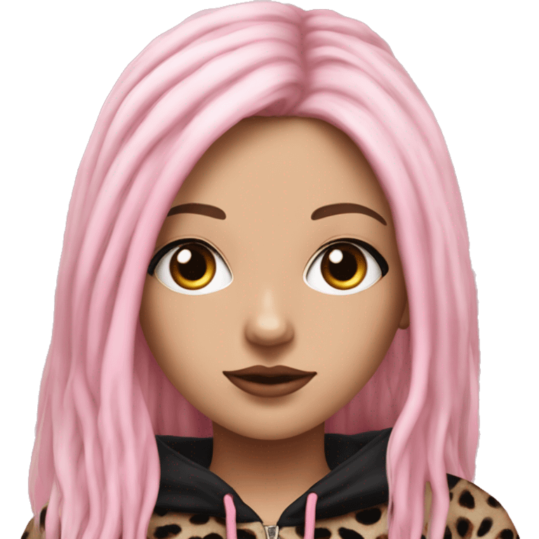 Hyperrealistic white girl with long black hair with a pink fringe and has eye makeup on, she is wearing a black and leopard print hoodie  emoji