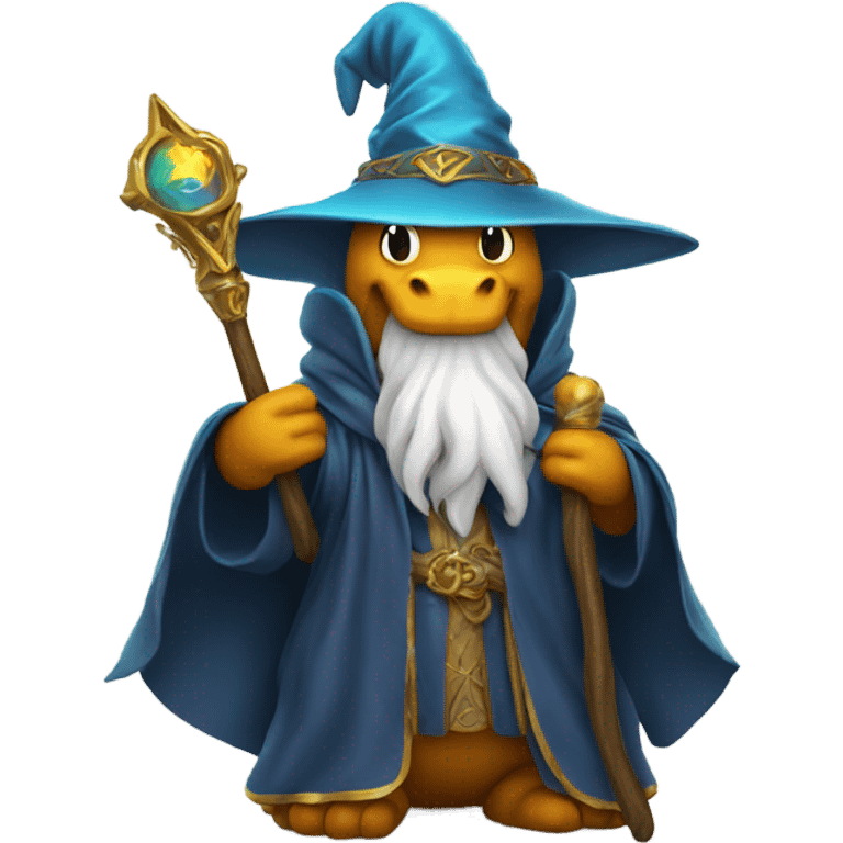 A dragon with a wizards hat and robe, holding a staff  emoji