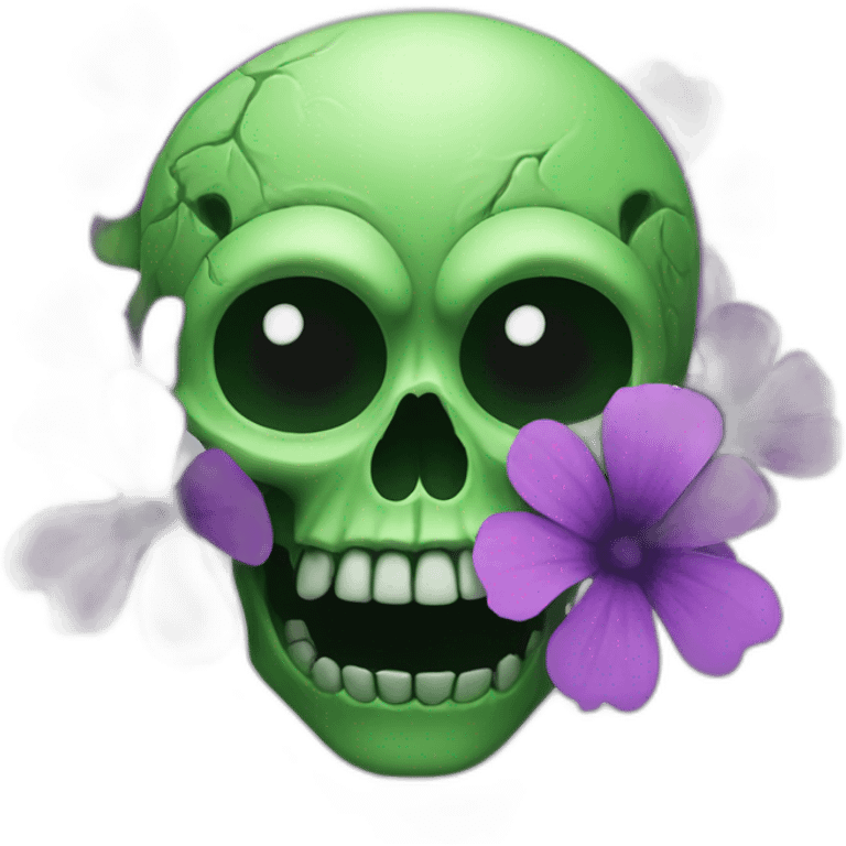 Green skull with purple flower coming out from eye socket emoji