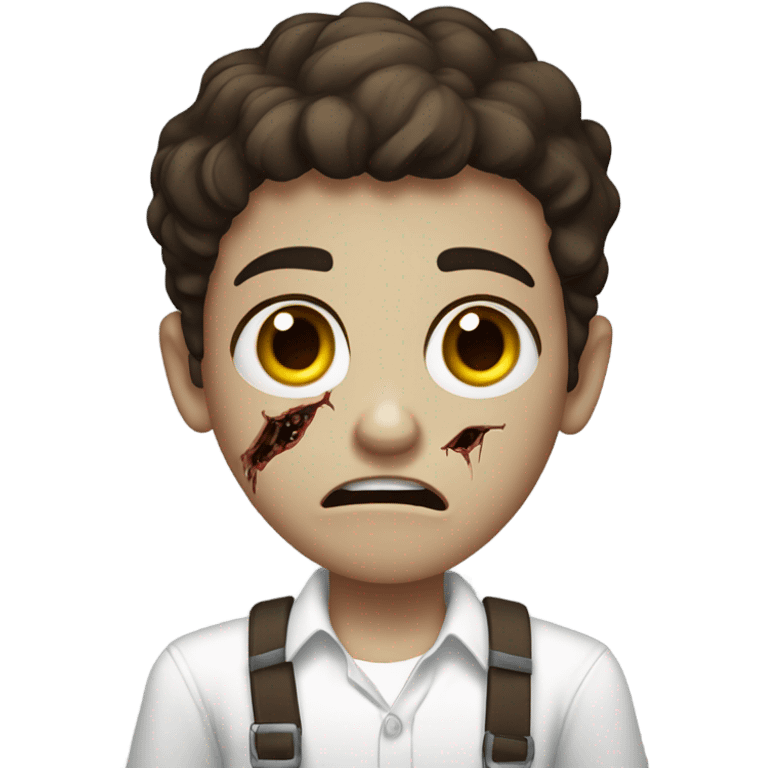 boy zombie teen with scared expression and dark brown hair and white slim shirt; brown eyes all black background emoji