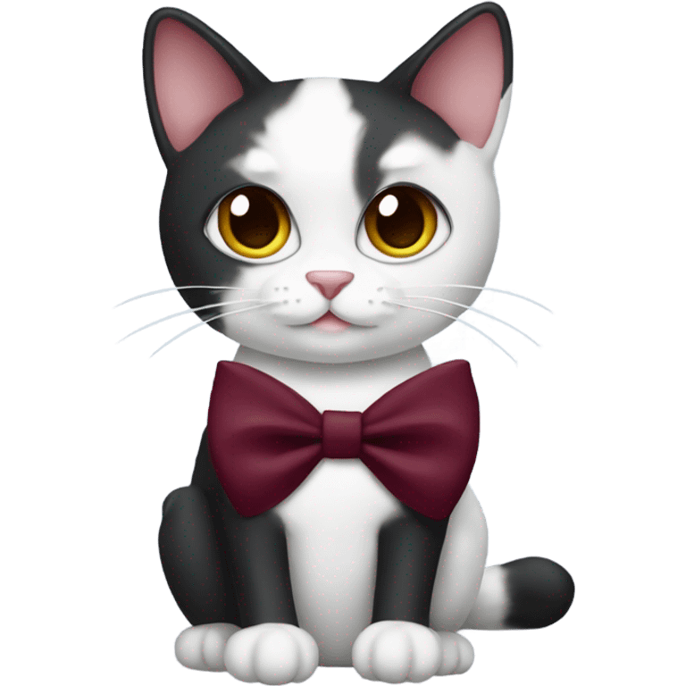 Tuxedo cat with burgundy bow emoji