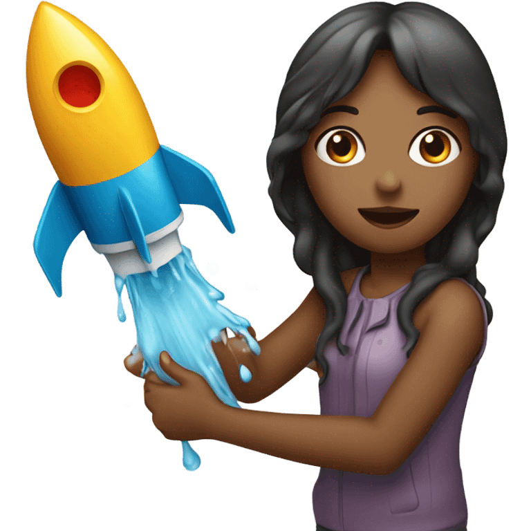 A girl holding a rocket shaped object dripping wet emoji