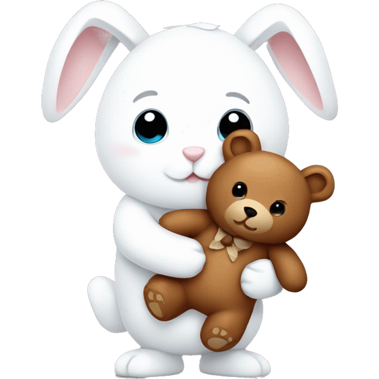 White bunny holding a brown teddy bear emoji