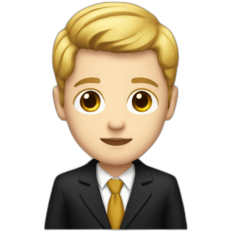 A white kid with brown wearing a black and gold suit emoji