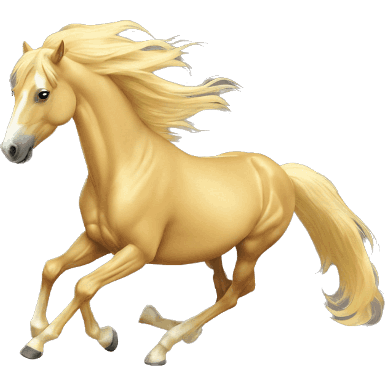 Yellow palomino horse with long flowing mane galloping with prosthetic leg, slender horse, solid yellow horse, running, yellow horse galloping with prosthetic leg, pretty horse emoji