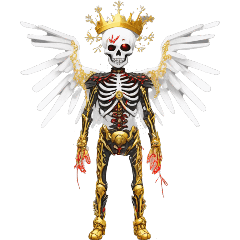 White skeleton zombie person covered in golden chains and black graffiti scribbles and red and silver doodles wings made of neon lightning snowing snowflakes crown made of snowflakes  emoji