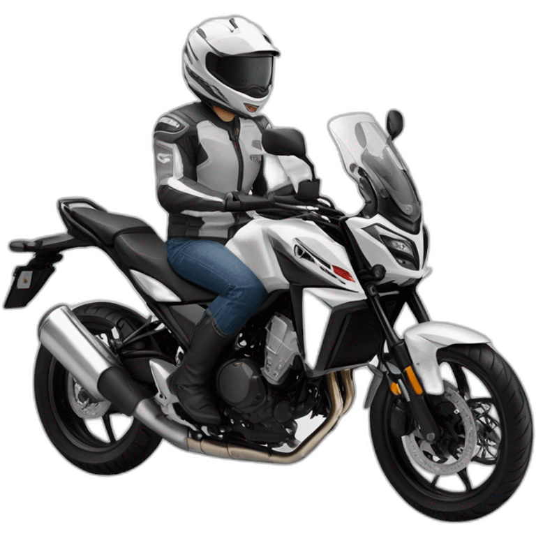 Conduciendo Honda cb500x con casco y chaqueta gris y blanco emoji