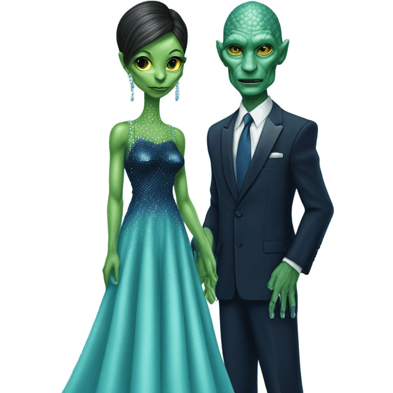 reptilian alien green skin woman, in long slim pastel blue formal party satin dress with gradient shiny sparkling navy blue diamonds embroidered , and caucasian man in black dres emoji