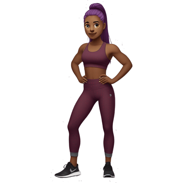 A girl with long straight purple hair and high cheekbones girl,  wearing a Bordeaux burgundy sports bra and medium gray yoga pants, Bordeaux burgundy calf socks, and black low-top canvas shoes, showing her 6 pack abs emoji